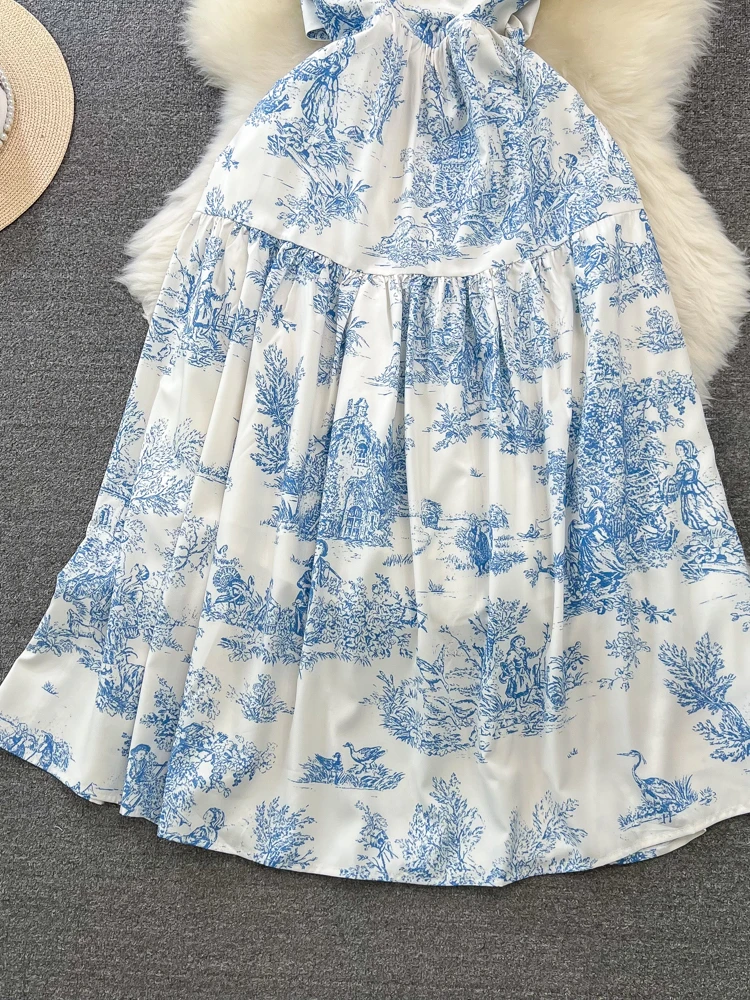 French Blue Floral Dress Women Sexy Backless Bow Printed Long Dresses Ladies Summer Vintage A-line Beach Dress Vestidos