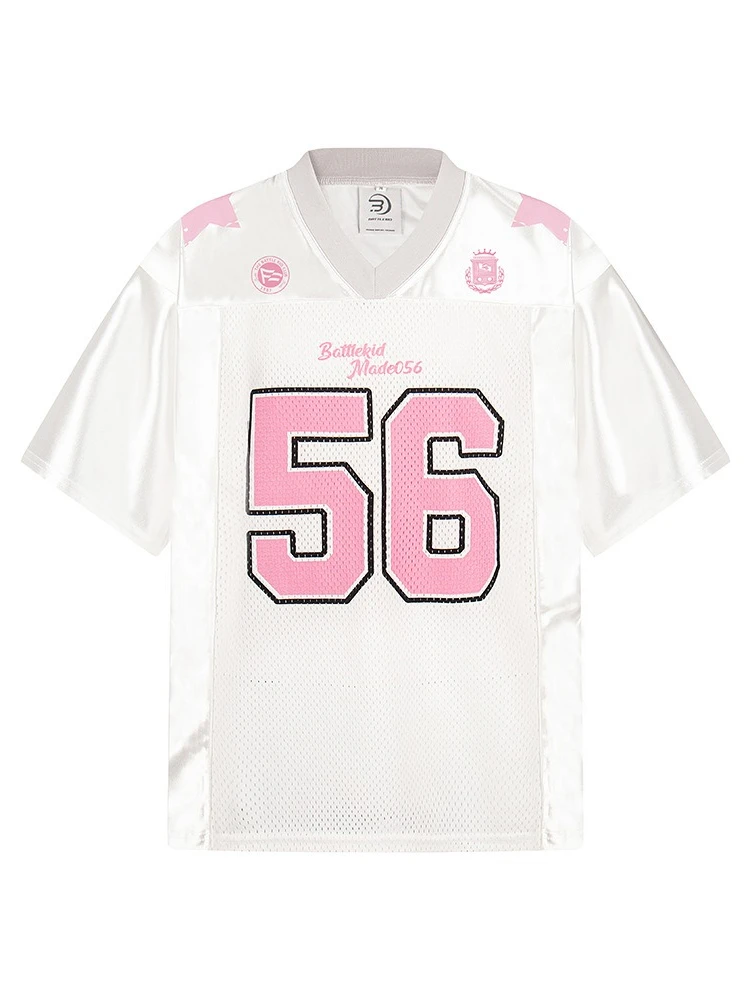 2025 Nuova maglietta sportiva in jersey patchwork T-shirt americana vintage in maglia con scollo a V T-shirt allentata casual da donna estiva oversize