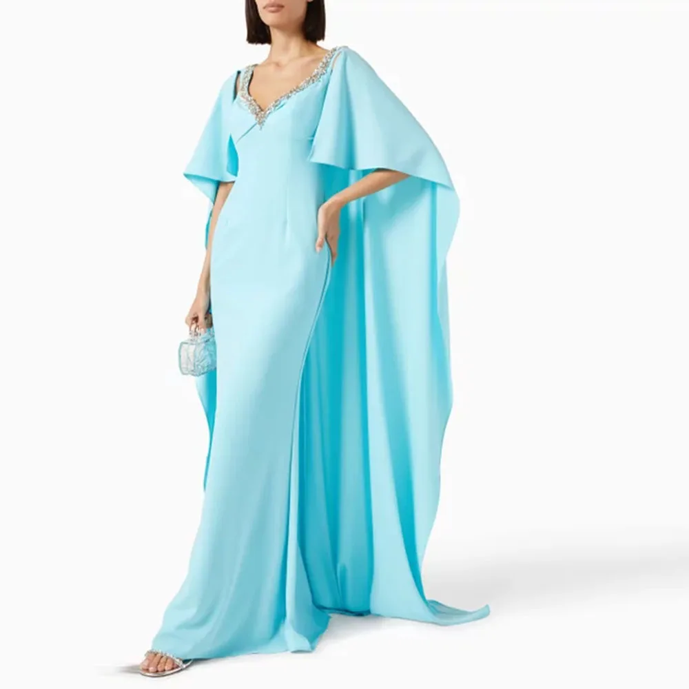 

Elegant Sky Blue Women's Evening Dress V Neck Meramaid Beading Prom Dress Floor Length Formal Party Gown Sleeveless Saudi Dress