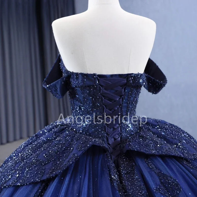 Angelsbride-vestido De baile azul marino para niña, traje De Quinceañera con cuentas, apliques escalonados, 15