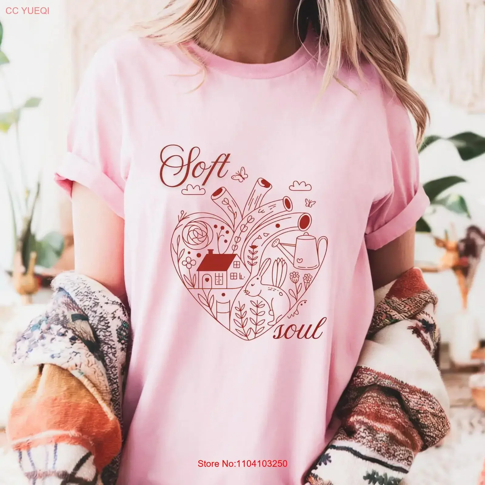 Soft Soul Cottage core T Shirt Whimsical Heart Nature PrinT Cozy for Her Cute Pastel Aesthetic vintage Washed Breathable