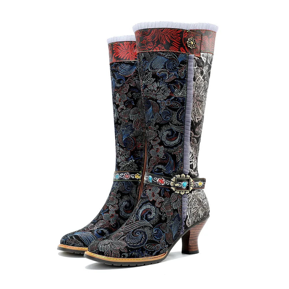 

Socofy Raffan Winter New Hand PaintedGenuine Leather Patchwork Vintage Court StyleLace Trimmed High Heeled Long Boots