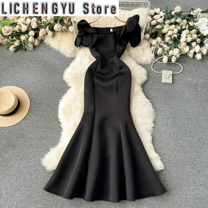 

Новинка, однотонное платье с трехмерным цветком и высокой талией, платье «рыбий хвост», милое Стильное женское платье, зима-весна