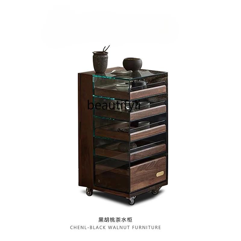 Black Walnut Wooden Teaware Storage Display Cabinet Made of Glass Storage Cabinet Removable Solid Wood Tea Side Cabinet