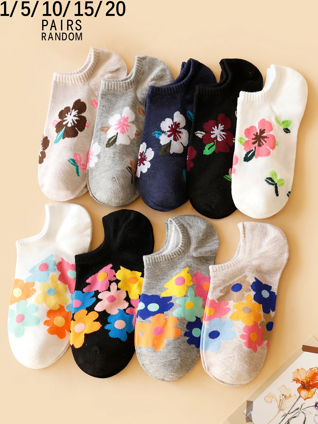 1/5/10/15/20 pairs random of flower pattern Women's asakuchi boat socks