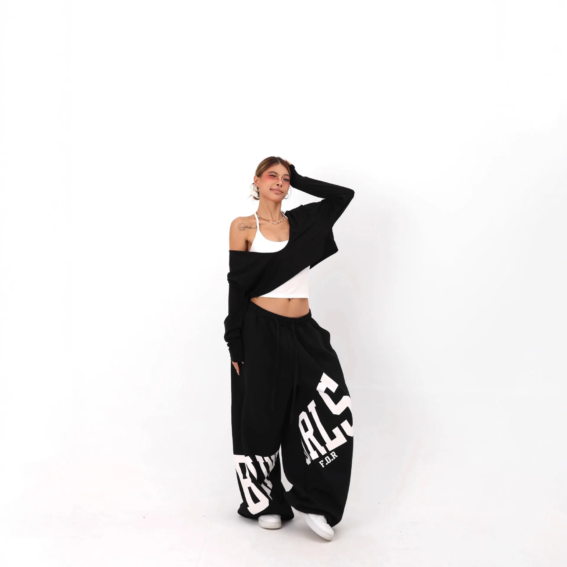 Women's Street Style Joggers Gray Relaxed Fit Wide Leg Sweatpants with Letter Graphic Print Vintage-Inspired Jazz Dancewear