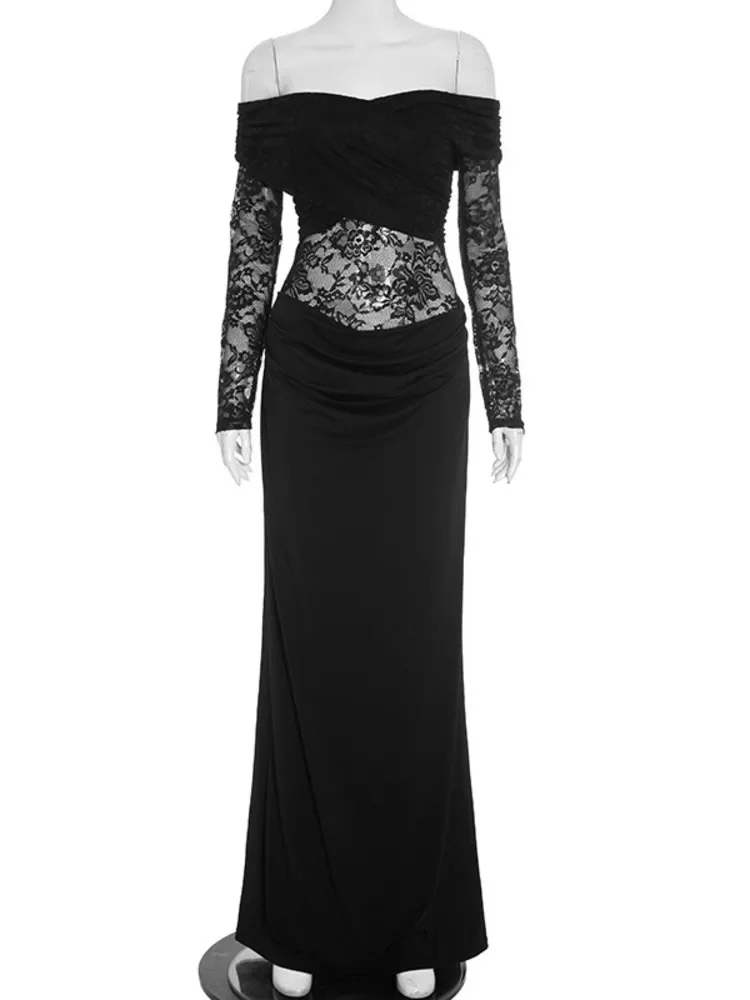 Lace Off-shoulder Long Sleeve Sexy Maxi Dress Women Fashion Strapless Backless High Waist Bodycon Club Party Dress