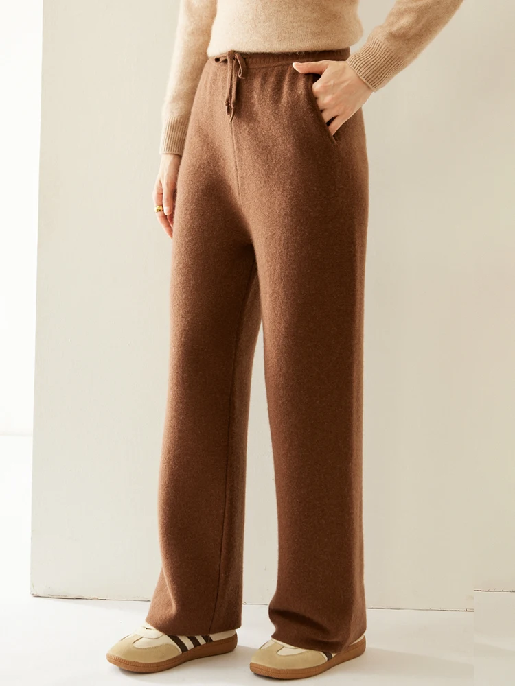 

Autumn Winter Women Cashmere Straight leg Pants Elastic Waist 100% Cashmere Knitted Thick Warm Trousers Pockets Solid Soft Pants
