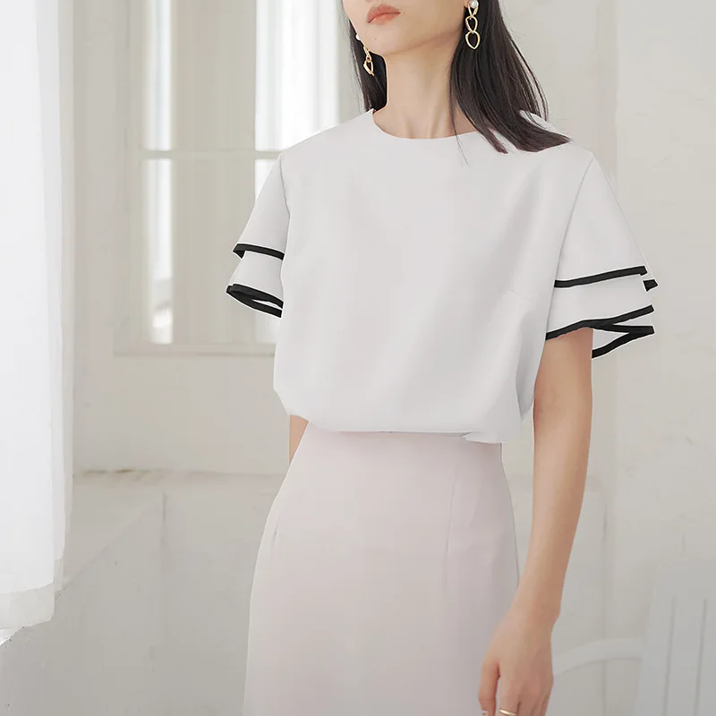 Lotte منتج جديد 3 ألوان لوتس ليف كم بلوزة شيفون للنساء الطازجة وأنيقة فضفاضة الحد الأدنى نمط قميص نسائي #2