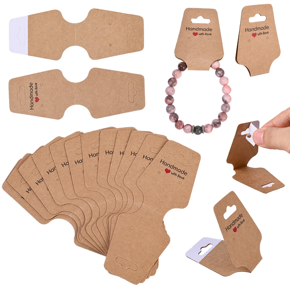 50 Stück braune Kraftpapier- und schwarz-weiße Schmuck-Faltkarten, selbstklebende Schmuckverpackungskarten mit der Aufschrift „Handmade with Love“ – Detail 1