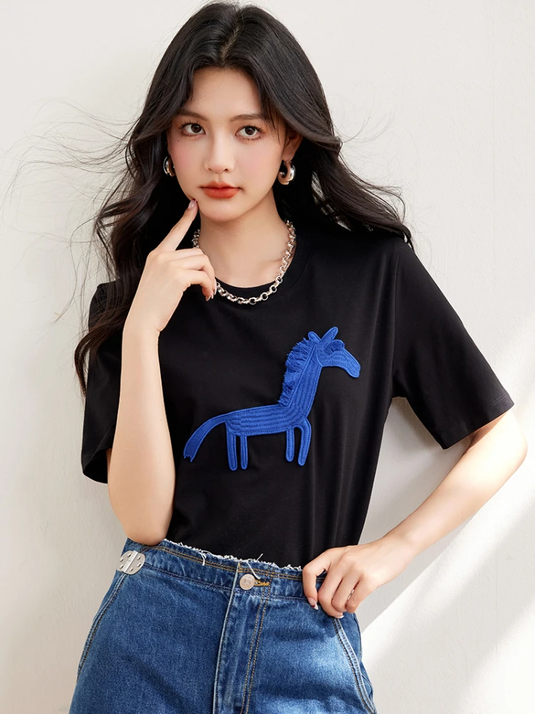 2024 New Summer Small Horse Applique Embroidered Cotton Short Sleeve T-shirt Women Tops O-Neck Casual Loose Graphic T Shirts Y2K