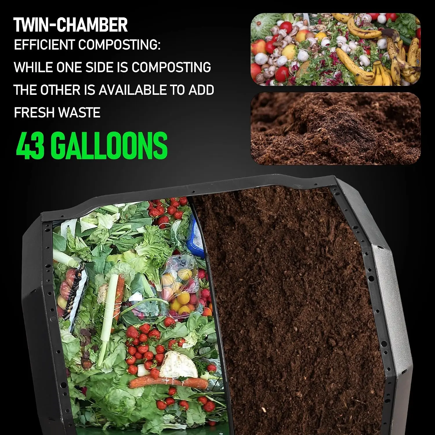 Outdoor Compost Bin Tumbler Dual Chamber Rotating Composting Container Fast Soil Creation Garden Lawn Kitchen Organic Waste Maker Heavy Duty Weather Resistant Black 1 Pack