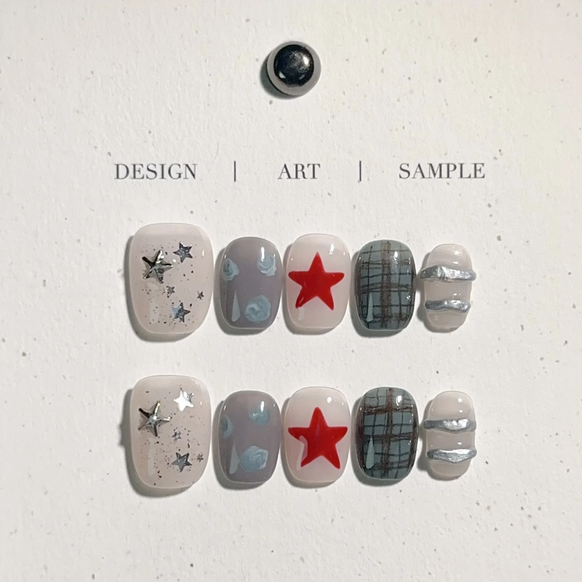 10Pcs Handmade Nails Sets Press on Peace Apple Cat Design with Star Pattern False Nails Tips Polka Dot Plaid Stick on Fake Nail