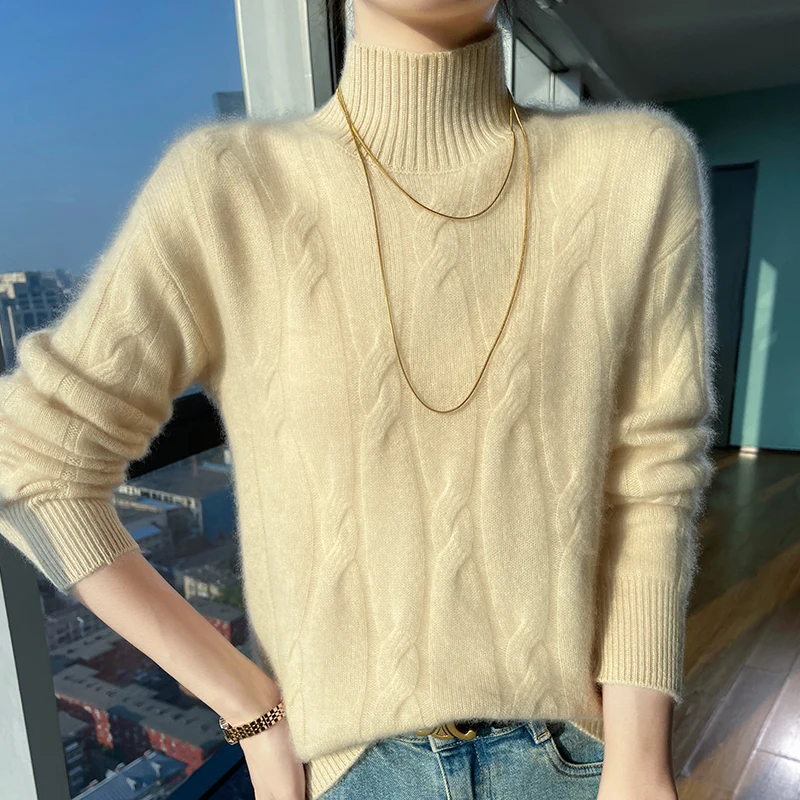 100% wool autumn and winter women\'s turtleneck pullover solid color thick knitted cashmere sweater warm fashion casual sweater.