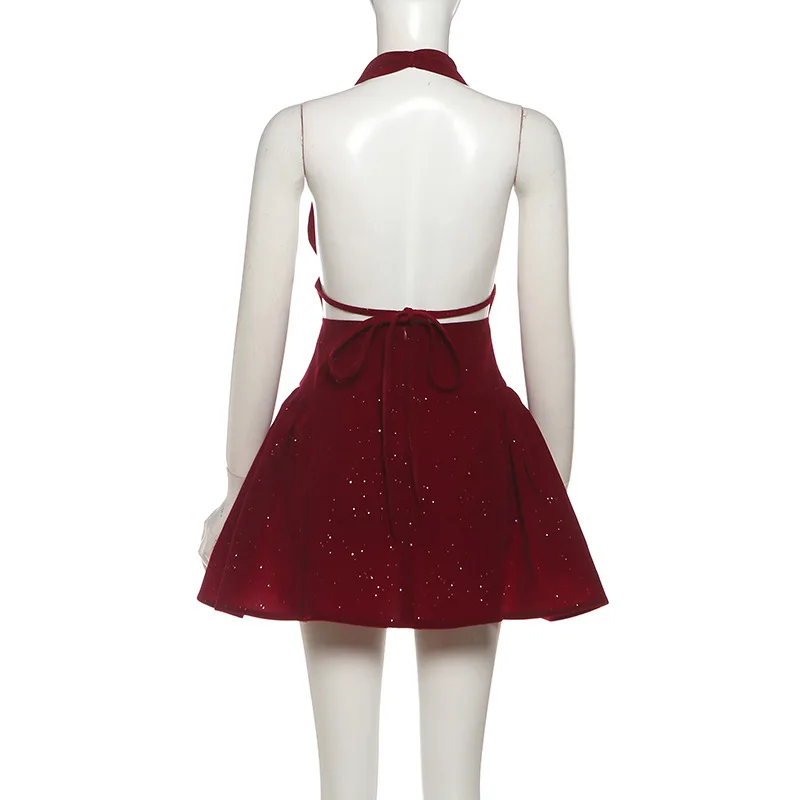SKMY 2026 Winter Neue Frauen Kleidung Neckholder Tiefem V Glitter Abnehmen A-Line Kurze Kleider Party Clubwear Ärmelloses Kleid