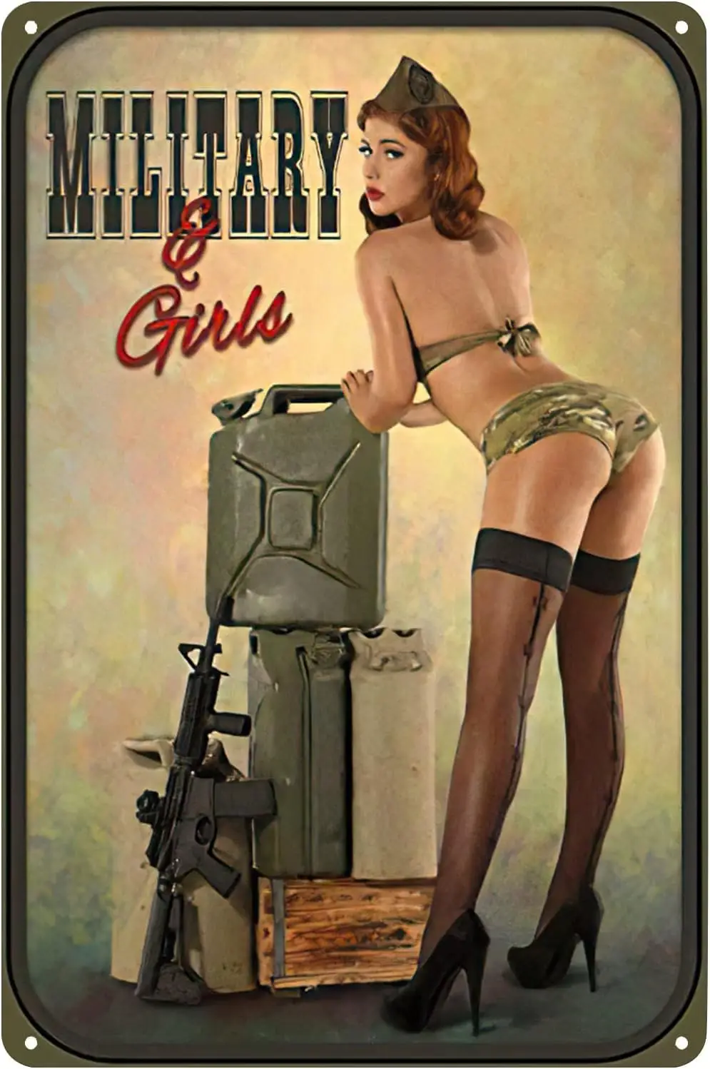 Metal Tin Sign - Retro Poster Wall Decor Army Pin Up Girl Military Art Plaque for Home Bar