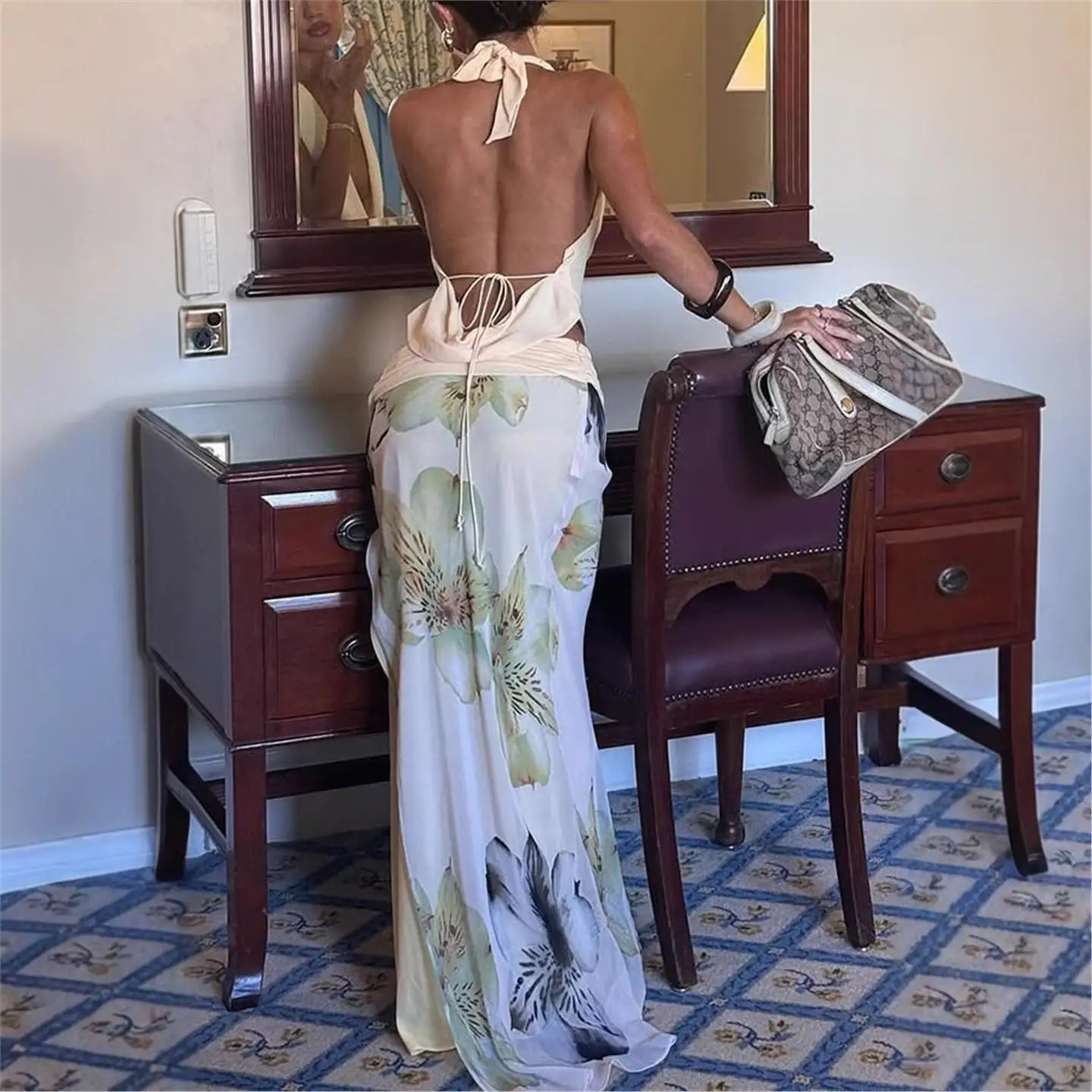 مثير Bal Ne معلقة أعلى سليم صالح طويل الدكتور قطعتين مجموعة عبر الحدود 2025 منتصف الخصر منخفضة الخصر PVC النسيج المطبوعة Cas... #1