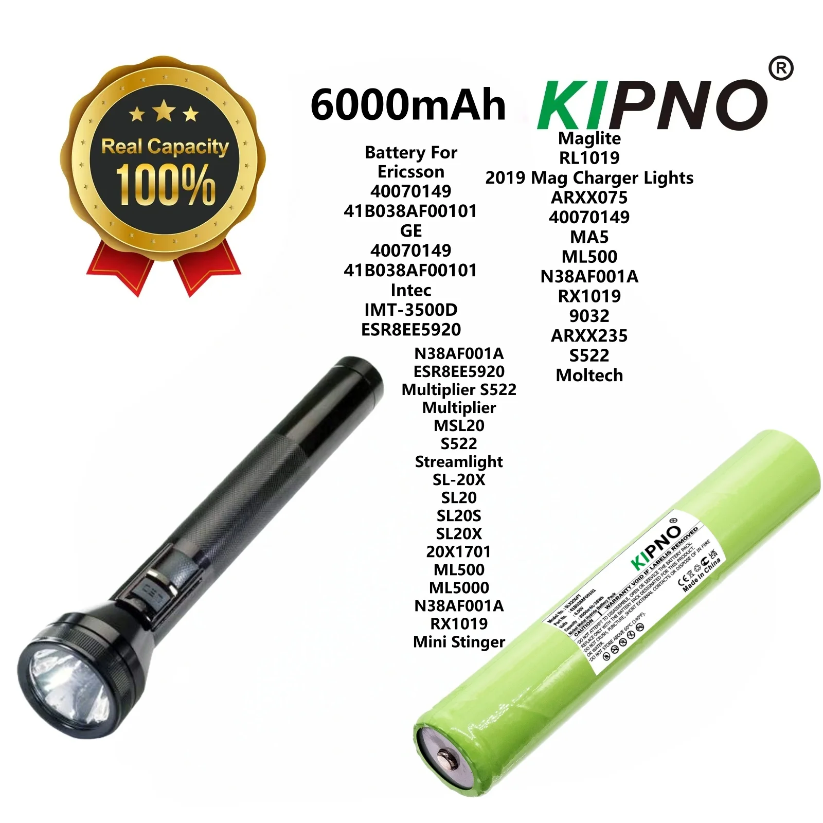 

Flashlight Battery 6V/6000mAh for MAGLITE 40070149,9032,ARXX075,ARXX235,MA5,ML500,N38AF001A,RX1019,S522,Multiplier MSL20,S522