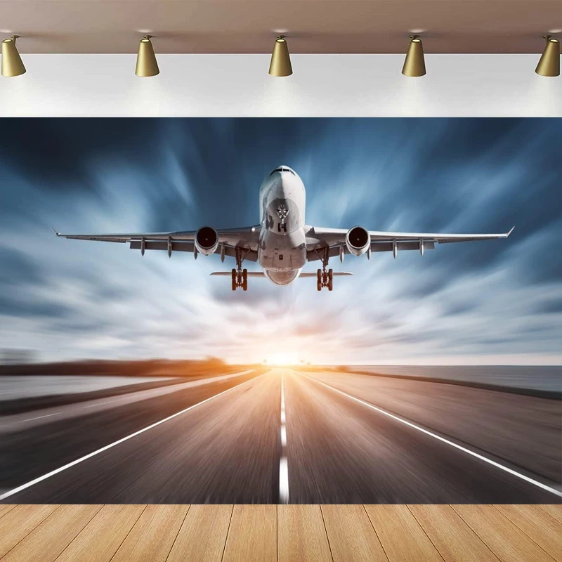 

Photography Backdrop Airplane Landing Takeoff Airport Runway Background Blurred Sunset Sky Scenery Party Decor Holiday Travel