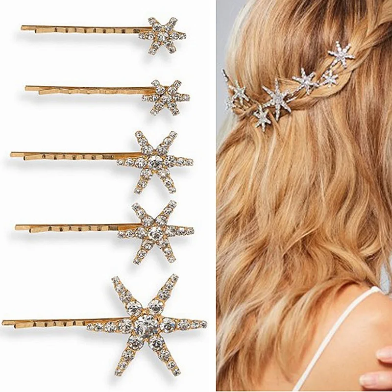 New Geometric Stars Moon Rhinestone Hair Clip Set Snowflake Star Bride Hairpins Women Side Clip Hair Barrettes Hair Jewelry Gift