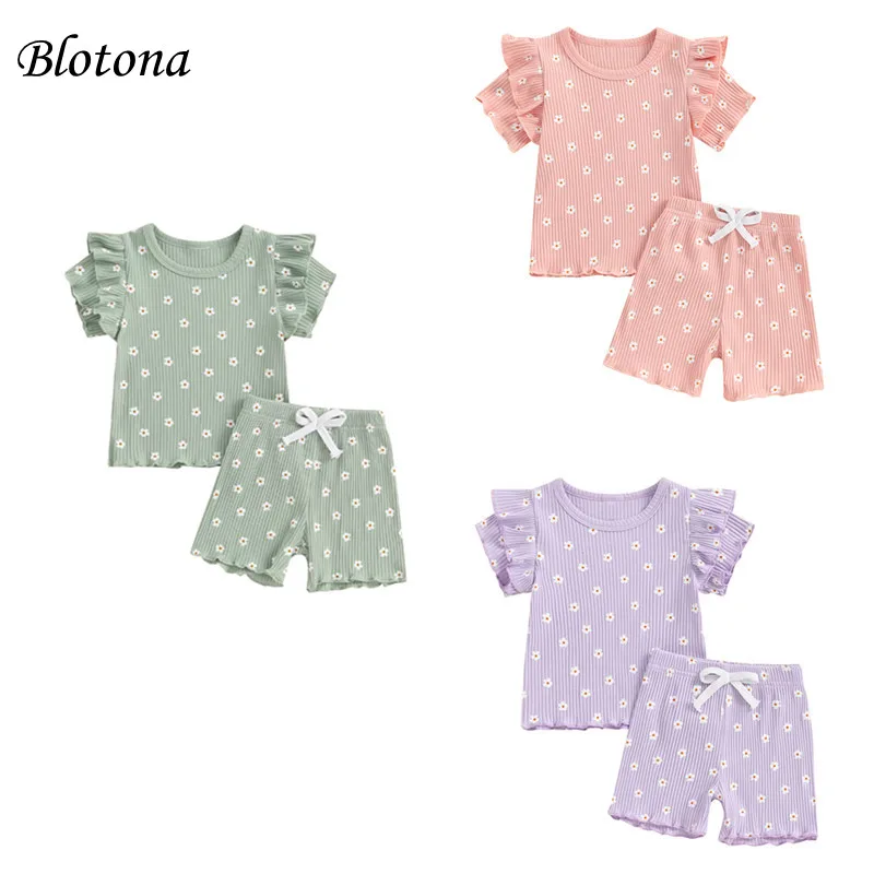 

Blotona Toddler Girls Summer Shorts Outfits Short Sleeve Crewneck Ruffle Floral Print Tops Shorts Sets 6Months-4Years