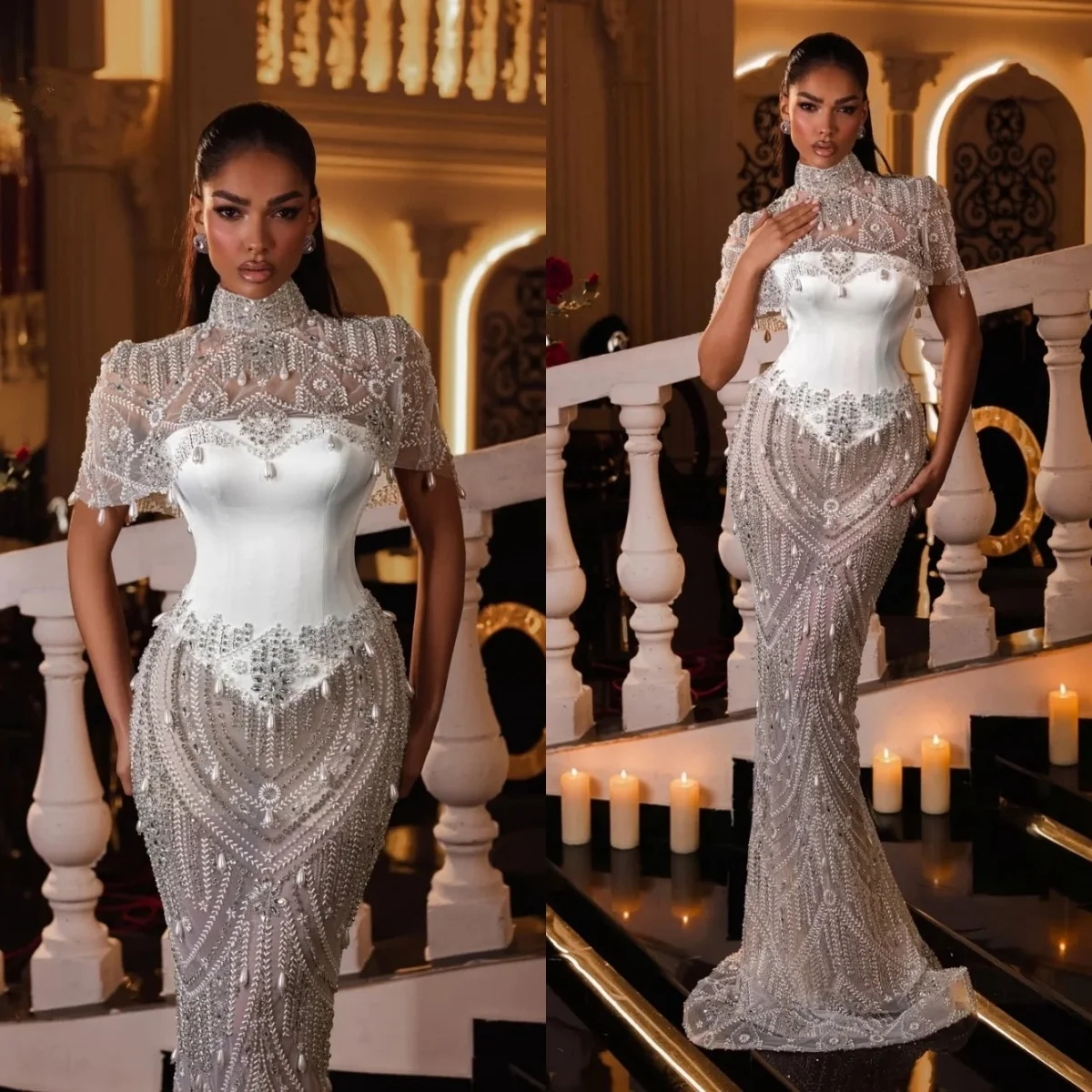 Exquisite Wedding Dresses High Neck Mermaid Bridal Gowns Pearls Beading Illusion Rhinestone Customized Vestidos De Novia