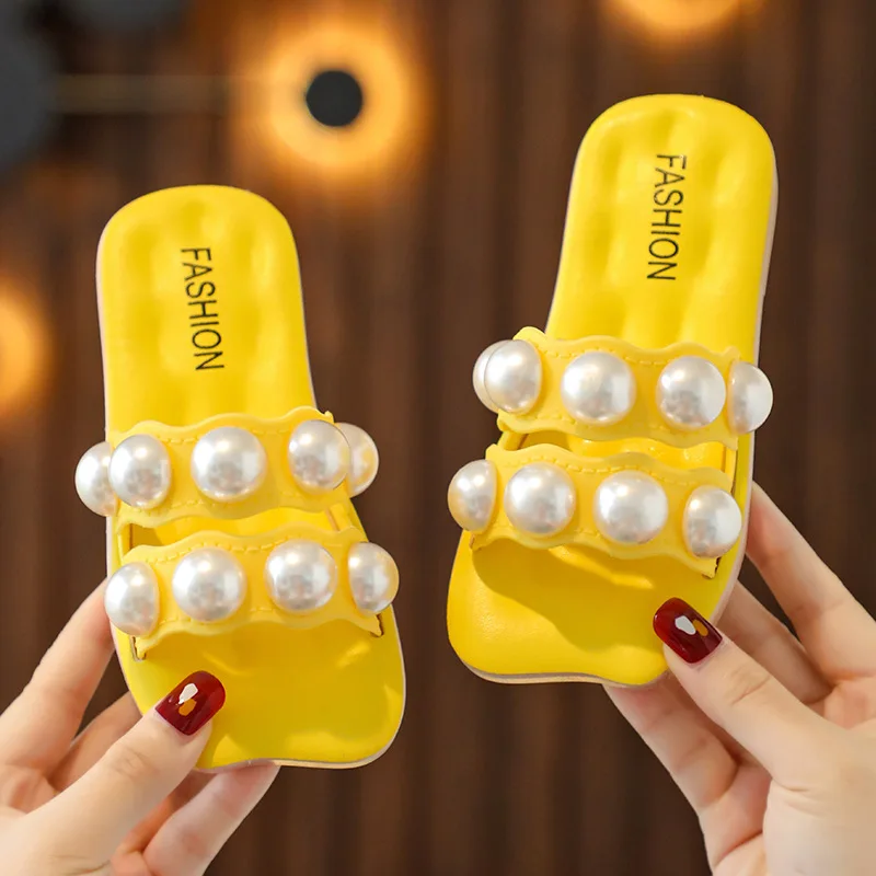 Trendy Pearl Children's Slippers Girls Flat Slippers Fashion Parent-Child Sandals Kids Versatile Comfortable Shoes Breathable