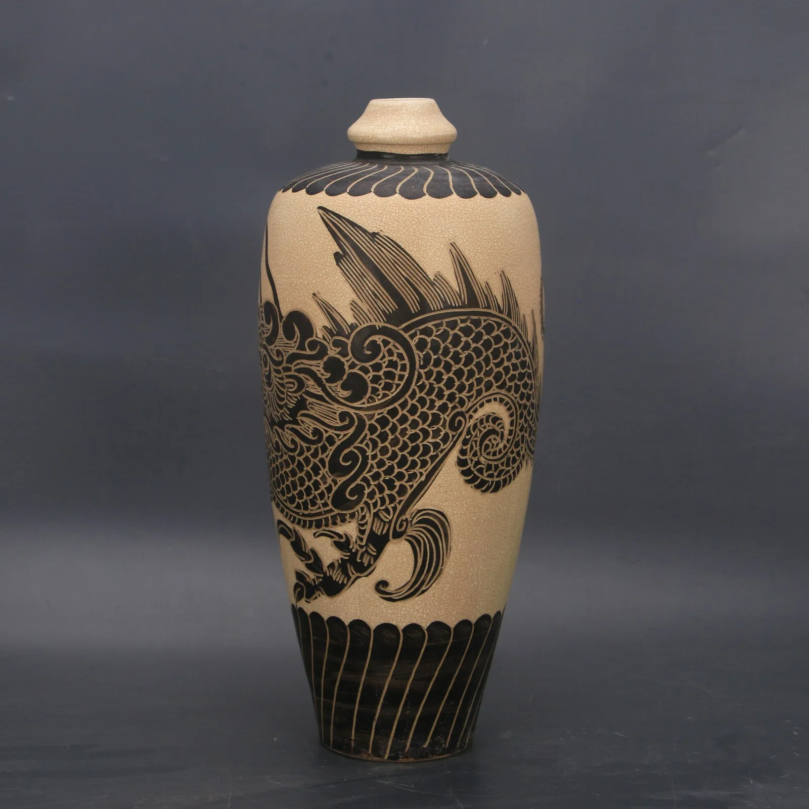 Chinese Brown Porcelain Vase Song Cizhou Kiln Black Dragon Design 12.6 inch