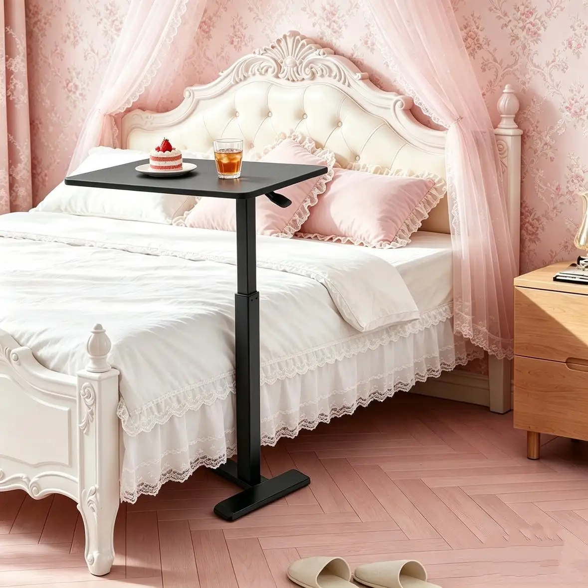 

Black Adjustable Overbed Bedside Table Pneumatic Height Mobile Laptop Standing Desk with 4 Wheels Hospital Home Sofa Side Computer Study Dining Table
