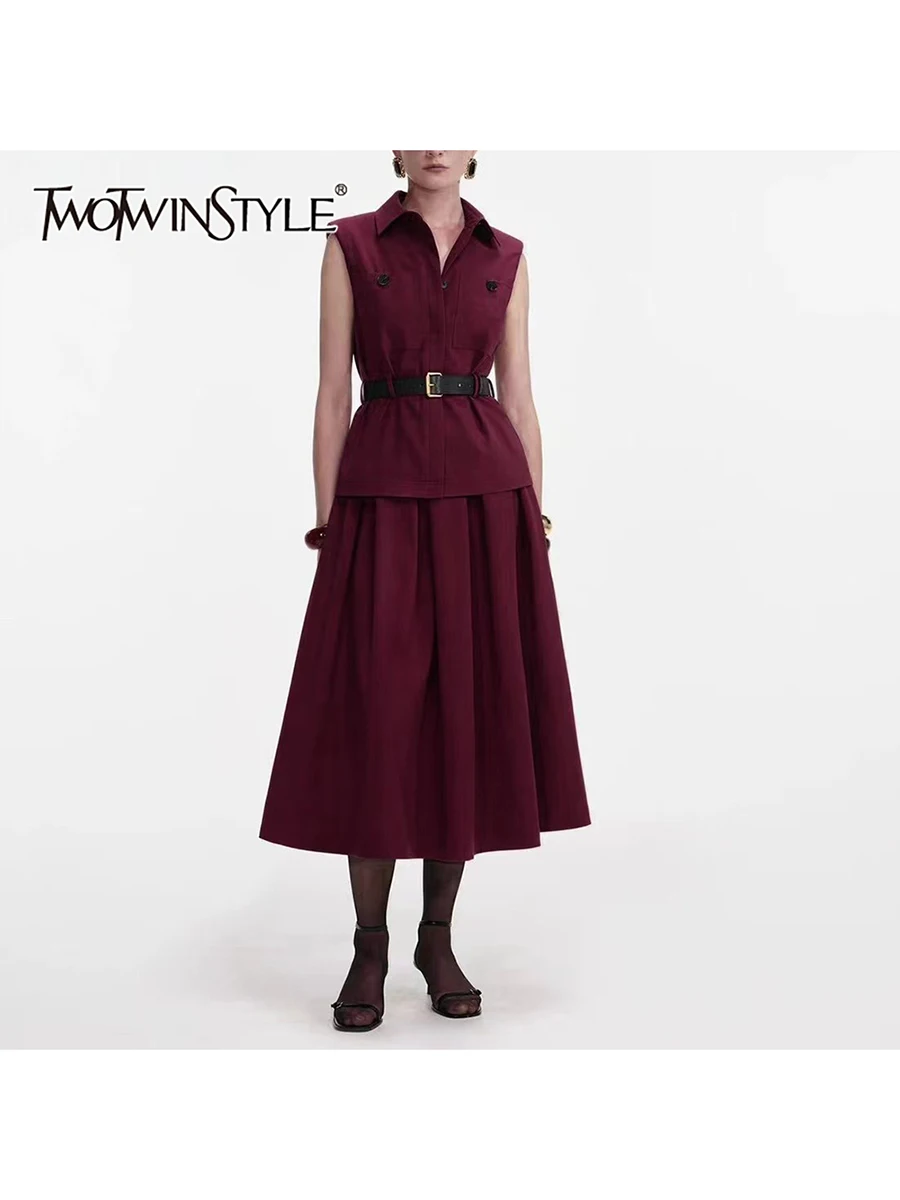 

TWOTWINSTYL Casual Two Piece Sets for Women Lapel Sleeveless Spliced Belt Top High Waist Patchwork Folds Skirt Set Female New