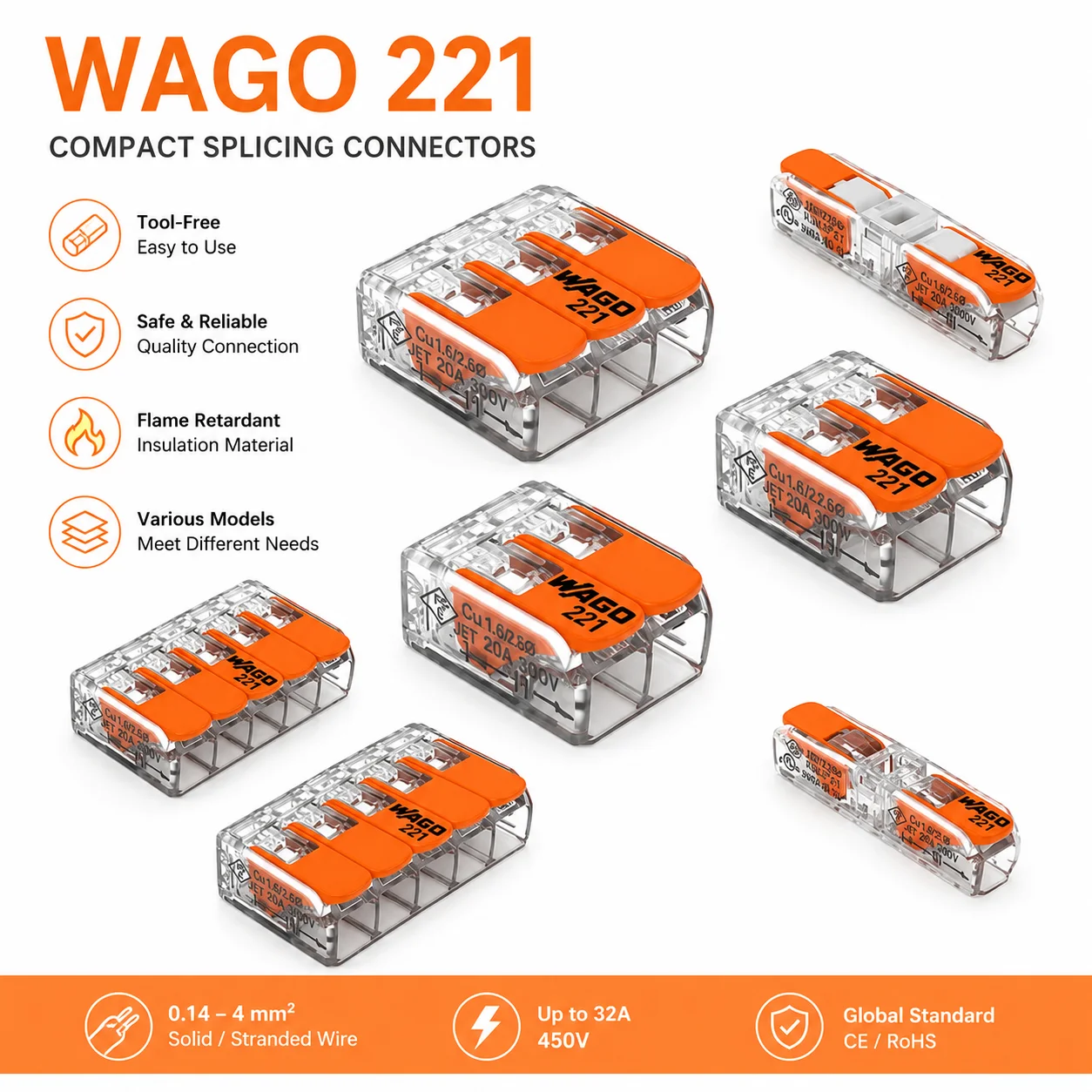 10Pcs WAGO 221‑412 221‑413 221‑415 221‑612 221‑613 221‑615 221‑2411 Electrical Wiring Terminal Connectors