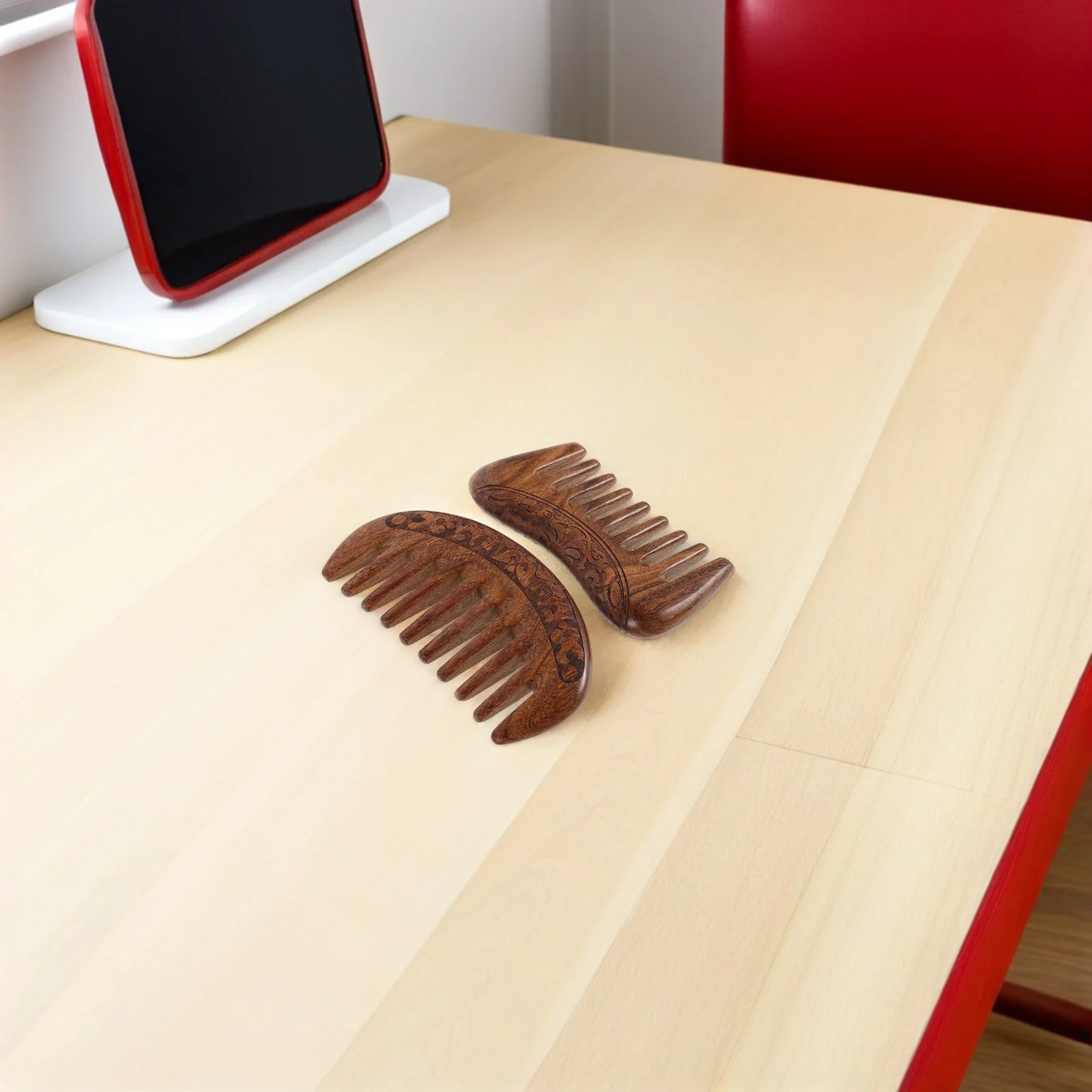 

2 шт., деревянная расческа ручной работы с широкими зубьями, натуральные зернистые узоры, толстый материал, элегантный изысканный массажер для кожи головы