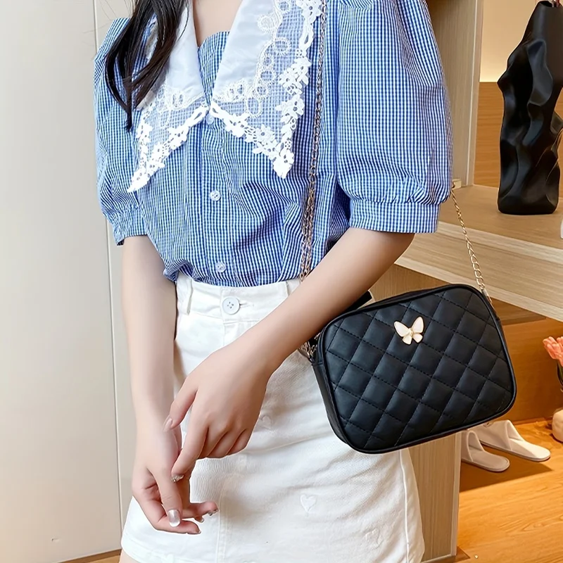 Kameratasche mit Rautenmuster und Kette, modische Stickerei, kleine Umhängetasche, 1er-Pack