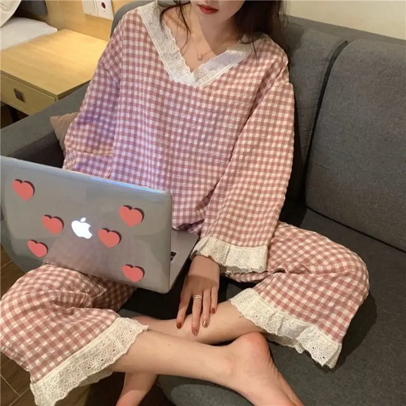 

Korean New Long-sleeved Pajama Sets Women's Casual Plaid Loose Home Clothing 2-piece Set Big Size Pajamas Cheap Clothes Womens