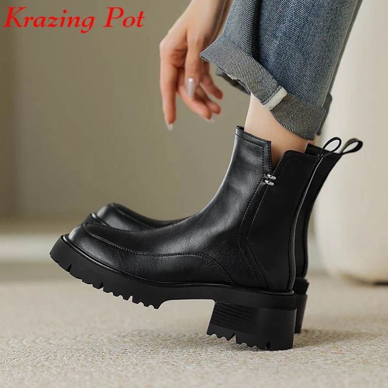 Krazing Pot 2024 Cow Leather Round Toe Thick Heels Winter Warm Fashion Chelsea Boots Slip On British School Platform Ankle Boots