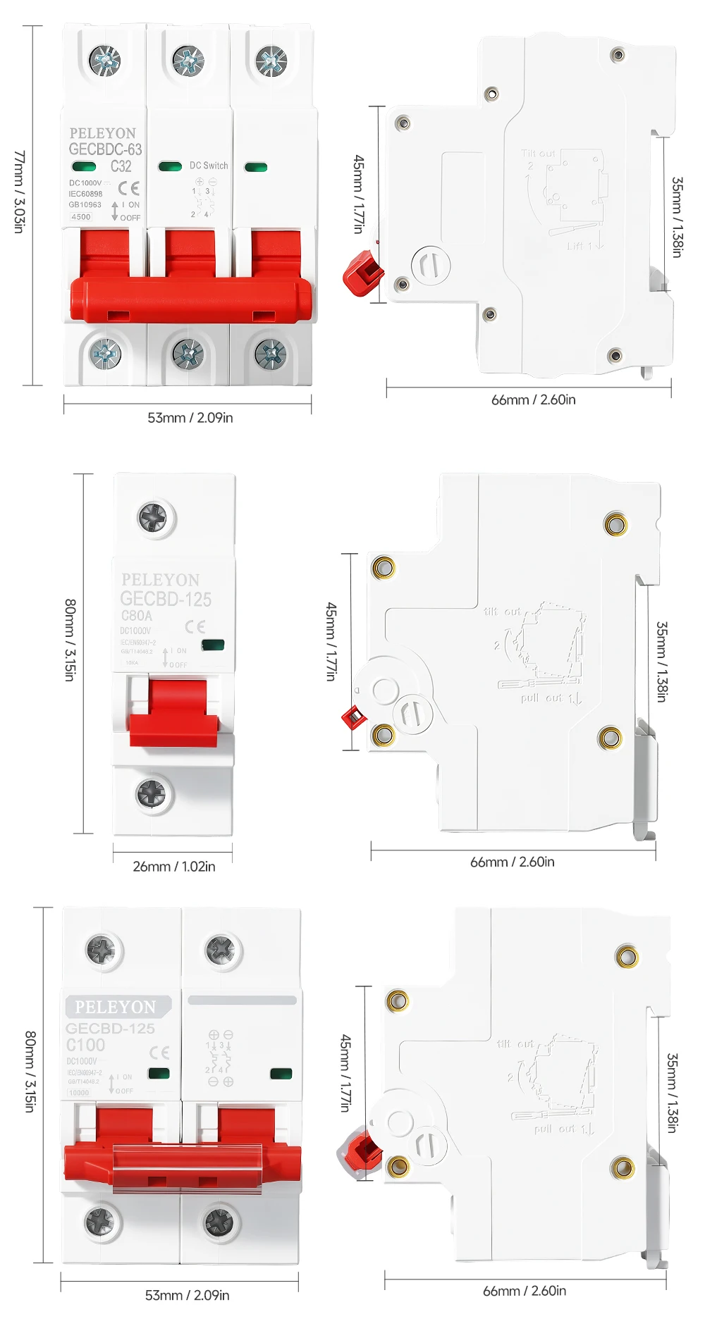 DC 1000V 1P 2P MCB Solar-Miniatur-Leistungsschalter Überlastschutzschalter 6/10/15/20/25/40/50/63A/80/100A DC1000V Photovoltaik-PV – Detail 9