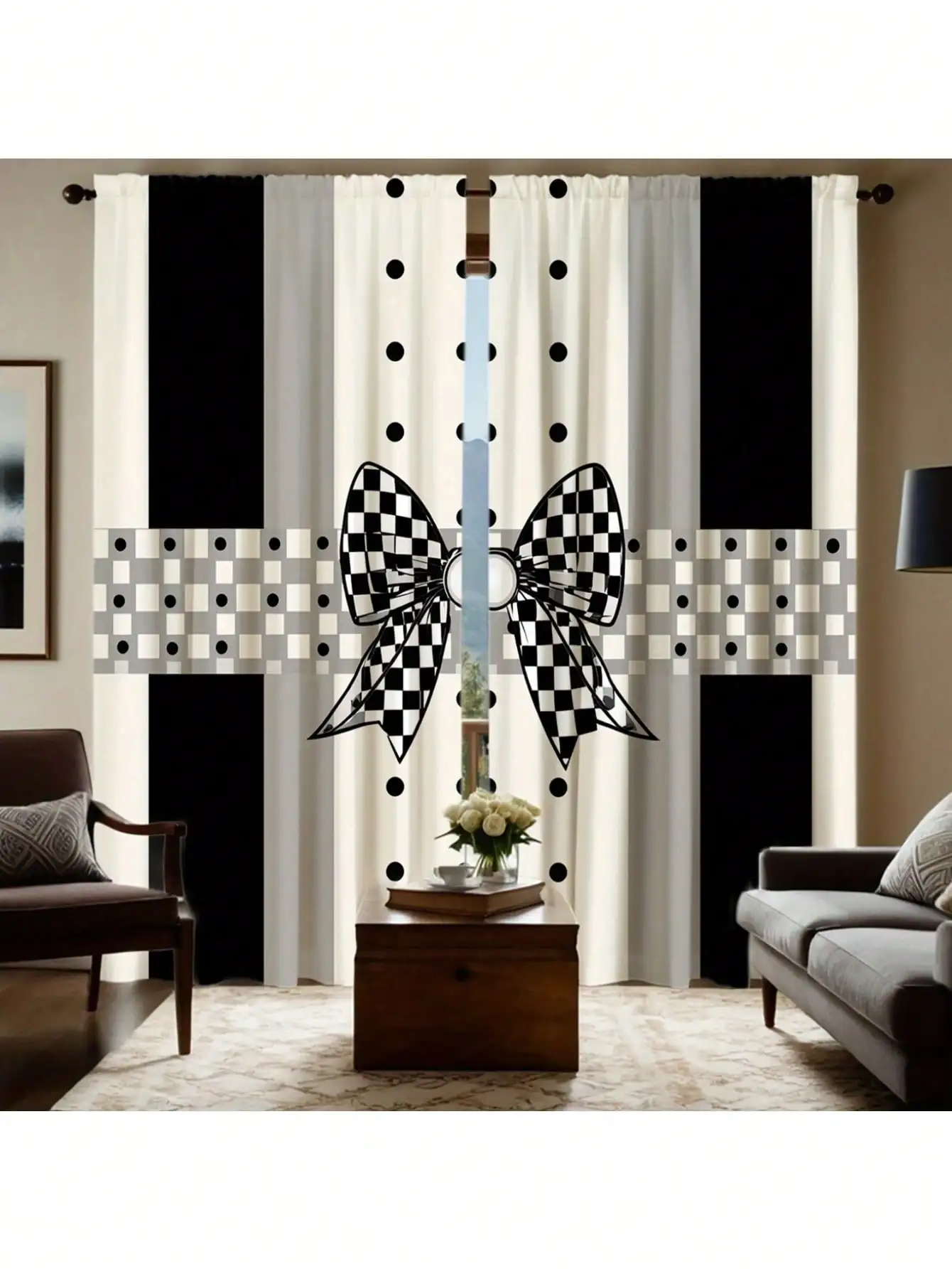 2-Piece Set Of High-Definition Digital Curtain Printing Imitation Tulle Curtains Black And White Stripes, Polka Dots, Checks