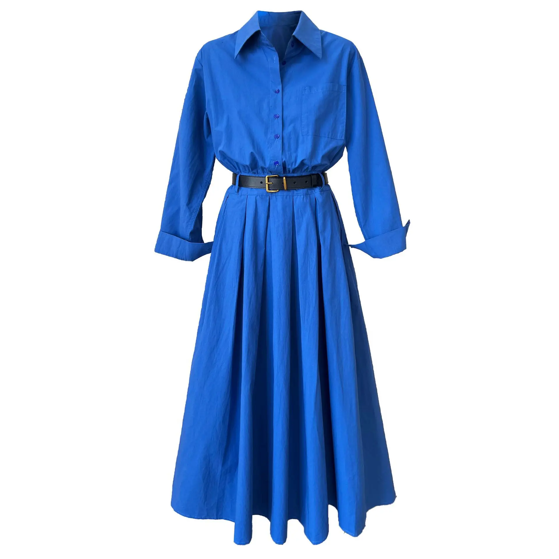 Abito camicia da donna con colletto polo francese in cotone 100%, che exuse il senso di lusso primaverile autunnale, con una gonna lunga in vita stretta