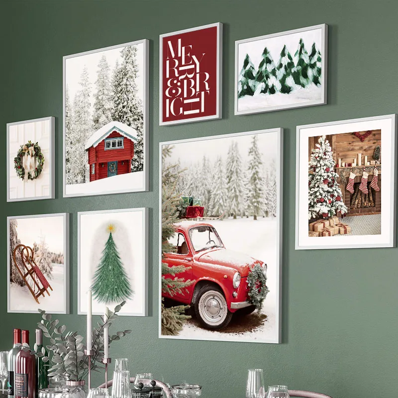 Winter Snow Red Car House Gift Wall Art Canvas Painting Nordic Christmas Tree Posters Prints Pictures For Living Room Home Decor