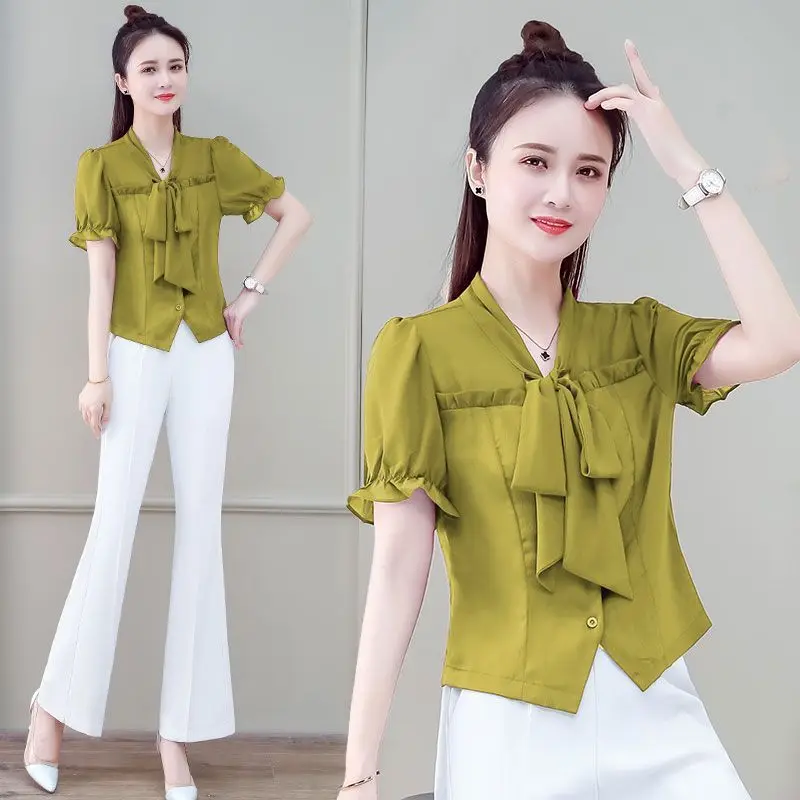 Elegante decote em v rendas até arco emendado babados camisas roupas femininas 2025 verão novo solto all-match topos blusas de manga borboleta