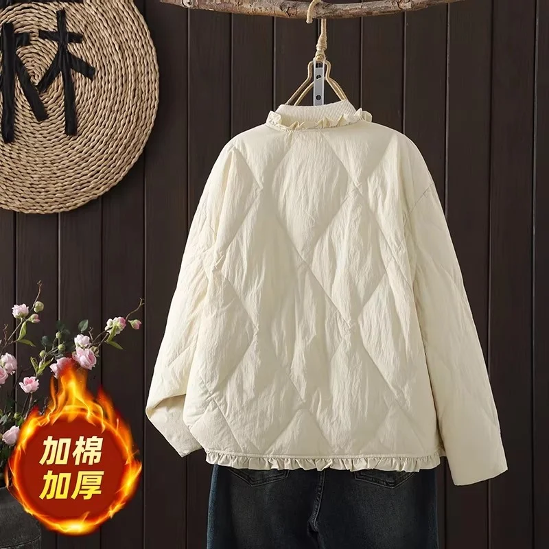 Jaqueta acolchoada feminina de inverno, casaco curto leve e quente, retrô solto com zíper, agasalhos bordados florais 3D, W1857