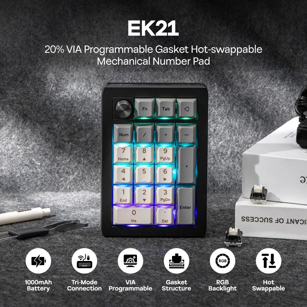 

EPOMAKER EK21Tri-Mode Wireless Bluetooth with Aluminum Alloy Knob Hot-Swap Numpad Keyboard Gaming Accessories 20% Layout Gasket