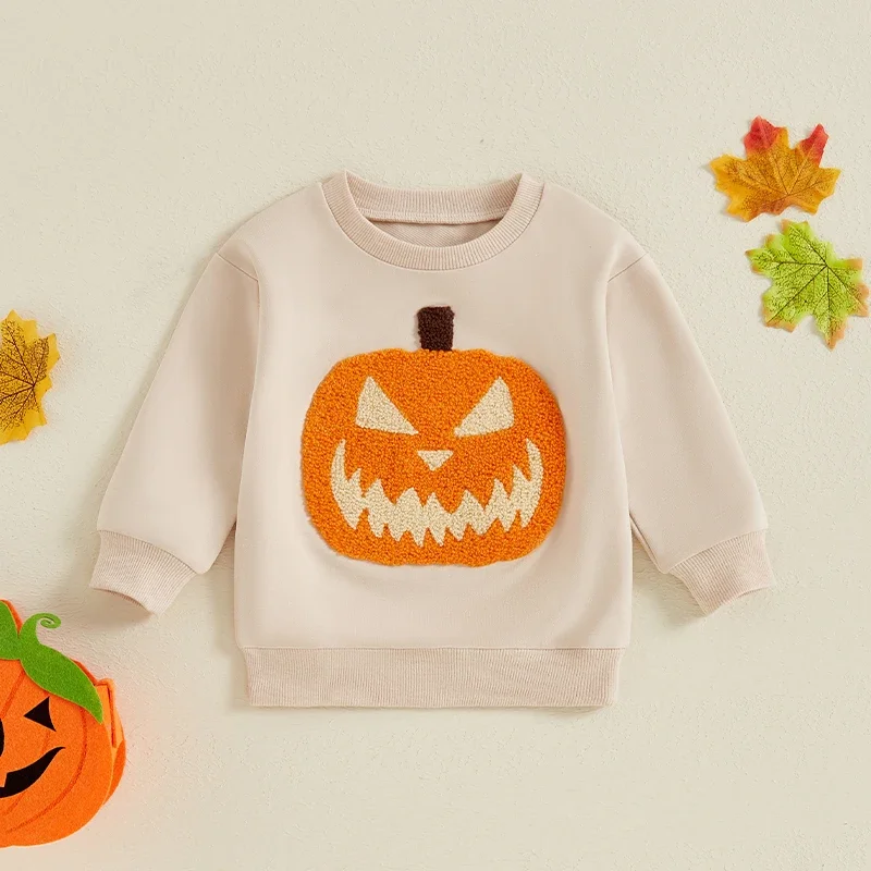 Kid Clothes Boy Girl Halloween Sweatshirt Pumpkin Embroidery Crew Neck Long Sleeve Loose Pullover Tops Hoodies