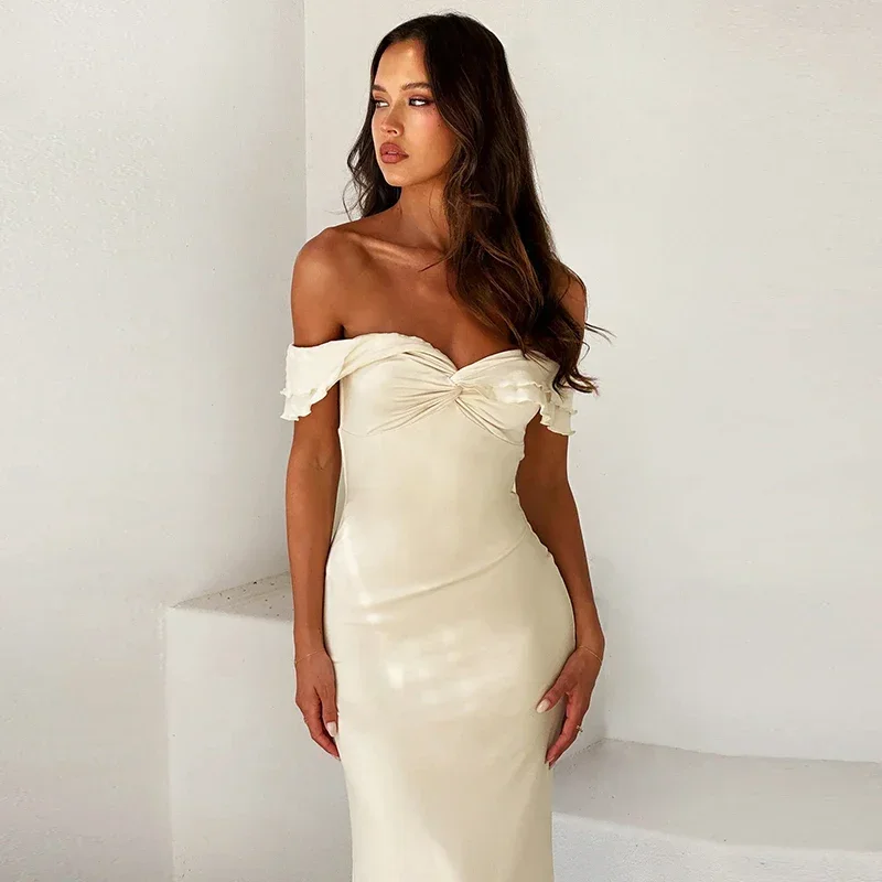 Vestido largo ajustado con volantes y cuello oblicuo para mujer, traje Sexy y elegante de estilo Y2K para fiesta de noche y cumpleaños, otoño de 2024