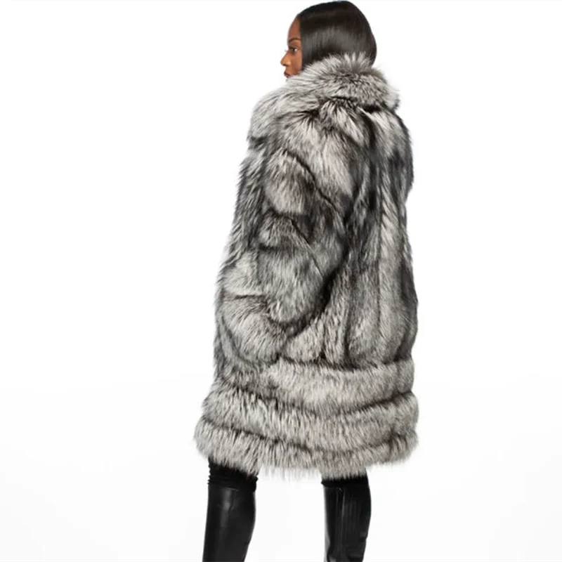 Women's Real Silver Fox Fur Coats Fashion Luxury Natural Fox Fur Thick Overcoat Winter Warm Lapel Genuine Fur Jacket Outwear