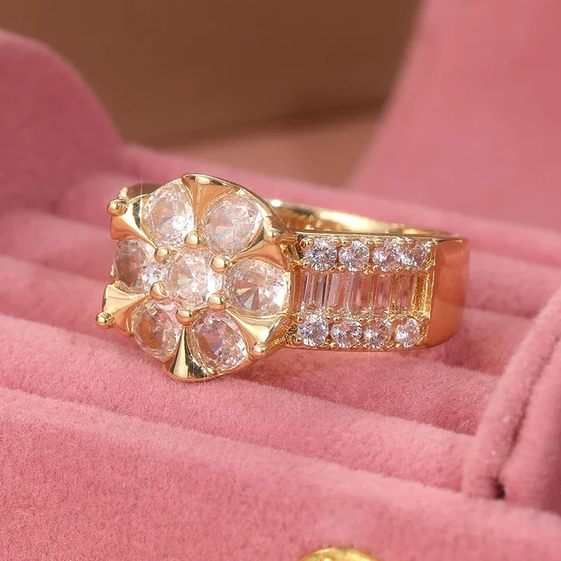 Exquisiter, blumenförmiger Ring mit eingelegten Zirkonia-Steinen für Damen, Verlobungs- und Verlobungsring, charmantes, vergoldetes Schmuckzubehör.