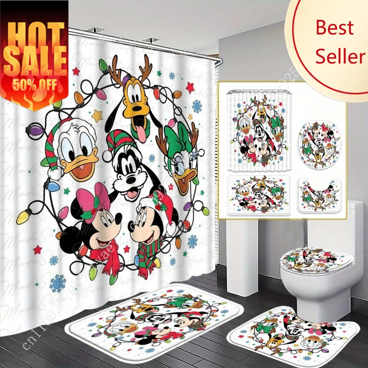 

Mickey Mouse Minnie Mouse Donald Duck Goofy Daisy Duck Shower Curtain Set Disney Cartoon Floor Mats Toilet Seat Cover 4pcs