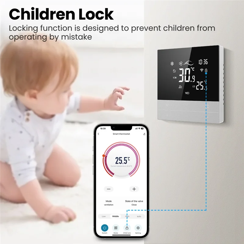 ABMF-Tuya Wifi 음성 제어 온도 컨트롤러 스위치 3 속도 팬 코일 장치 쿨 기능 3Pcs