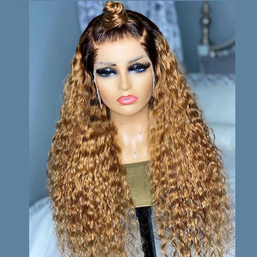 Soft 180Density 26Inch Ombre Brown Blonde Long Kinky Curly Lace Front Wig For Black Women Baby Hair Preplucked Natural Hairline