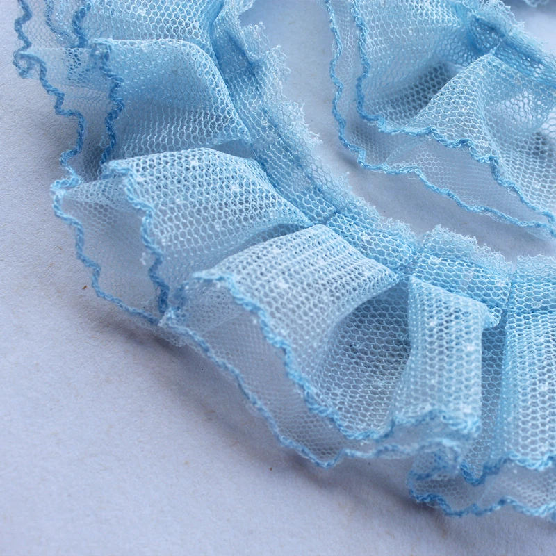 5CM Wide Double Layers Sky Blue Pink Mesh Polka Dots Embroidery Ruffle Lace Trim Lolita Dress Collar Cuffs DIY Sewing Decor